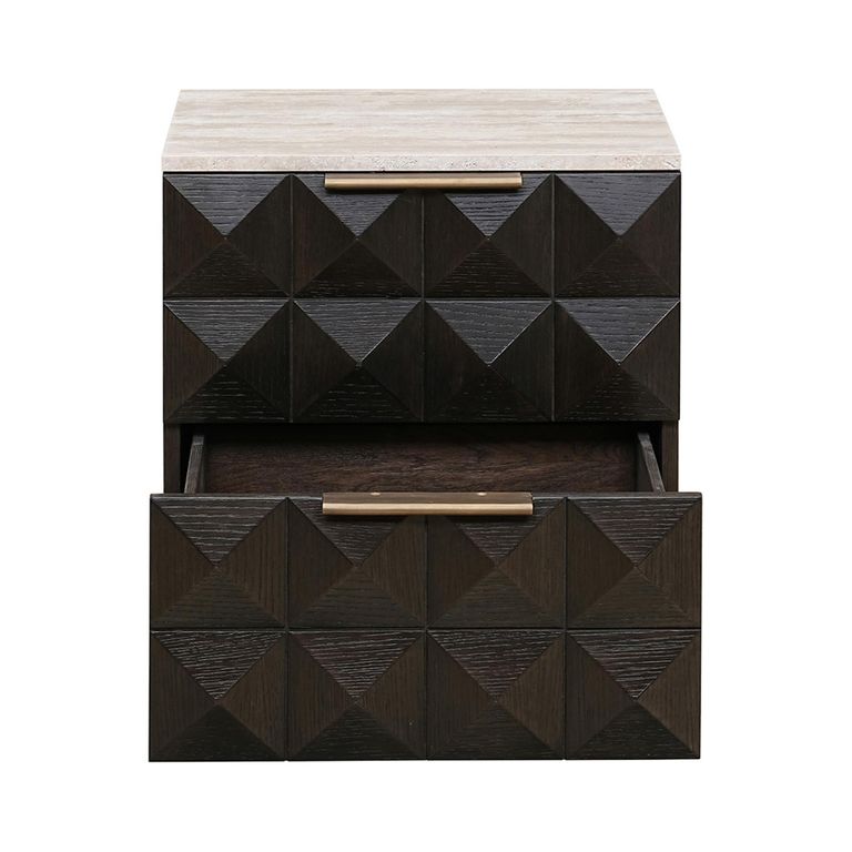 Claremont Dark Wood 2 Drawer Geometric Bedside Cabinet with Travertine Top