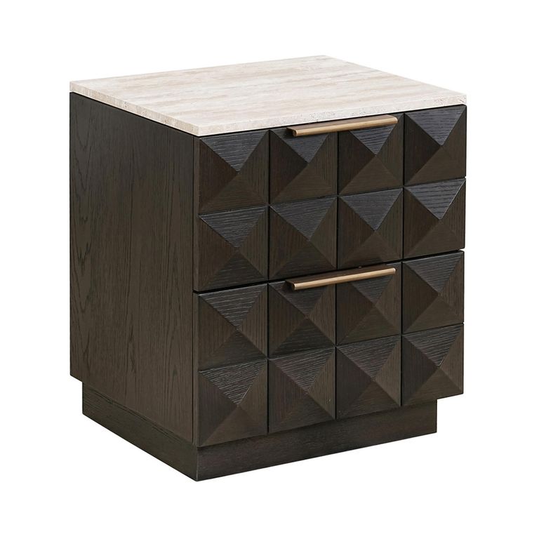 Claremont Dark Wood 2 Drawer Geometric Bedside Cabinet with Travertine Top