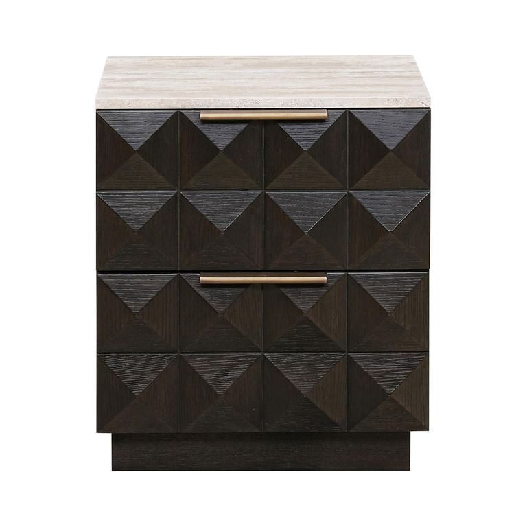Claremont Dark Wood 2 Drawer Geometric Bedside Cabinet with Travertine Top