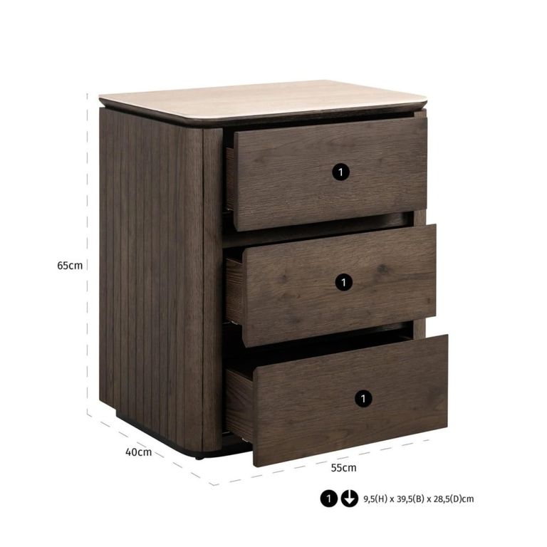 Ritz Fluted Nightstand - 3 Drawer - Brown - Ceramic and Recycled Wood