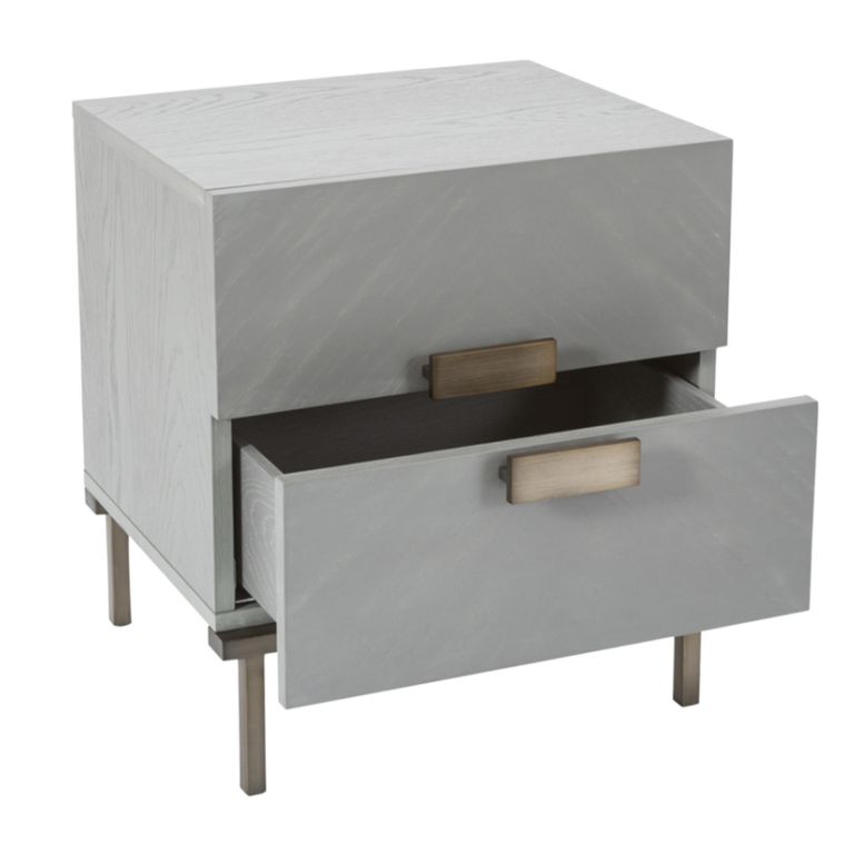Lilly Bedside Table - 2 Drawer - Chevron - Soft Grey and Bronze - Wood and Metal