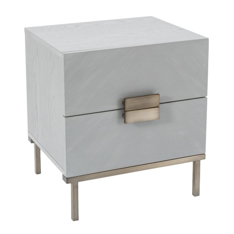 Lilly Bedside Table - 2 Drawer - Chevron - Soft Grey and Bronze - Wood and Metal