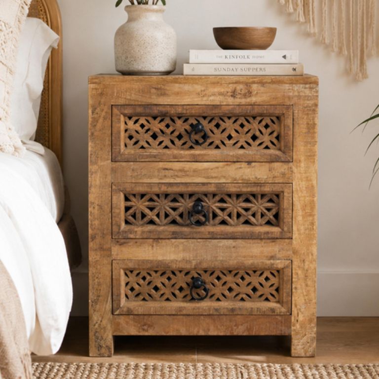 Carved Bedside Cabinet - 3 Drawer - Mango Wood