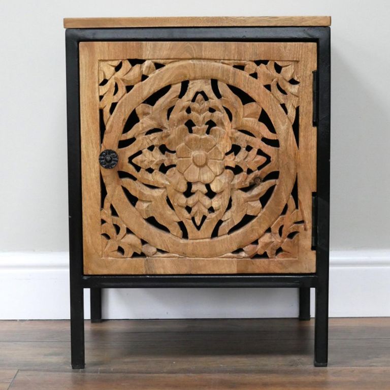 Carved Bedside Cabinet - 1 Door - Mango Wood and Metal