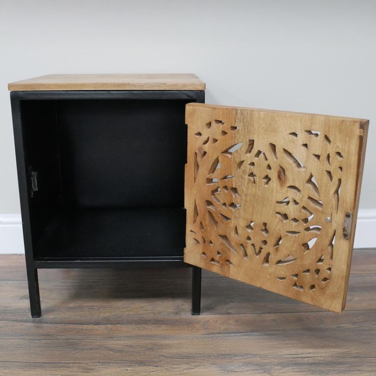 Carved Bedside Cabinet - 1 Door - Mango Wood and Metal
