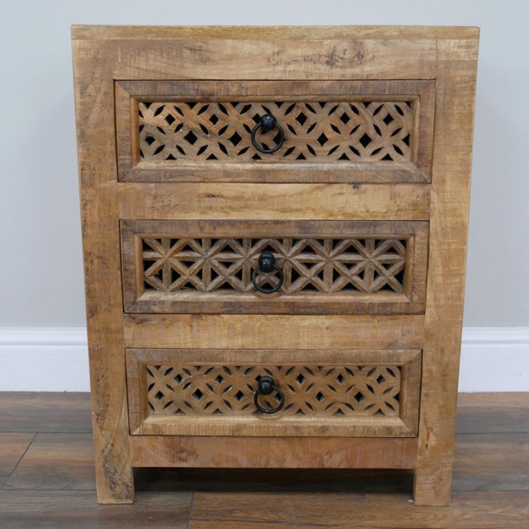 Carved Bedside Cabinet - 3 Drawer - Mango Wood