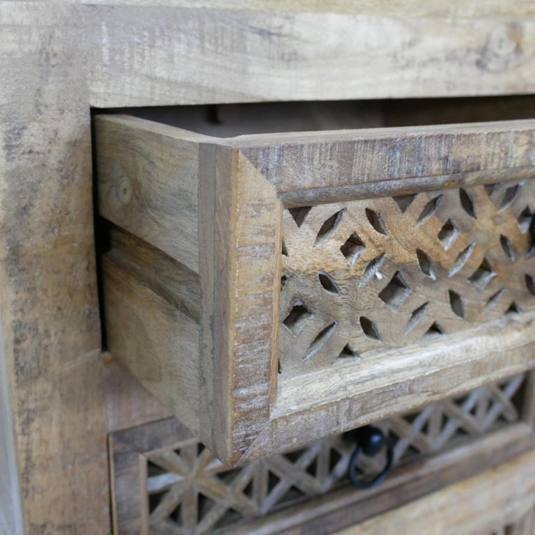 Carved Bedside Cabinet - 3 Drawer - Mango Wood