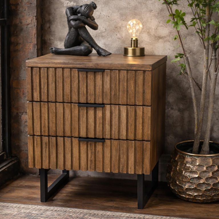 Slatted Bedside Cabinet - 3 Drawer - Rubber Wood