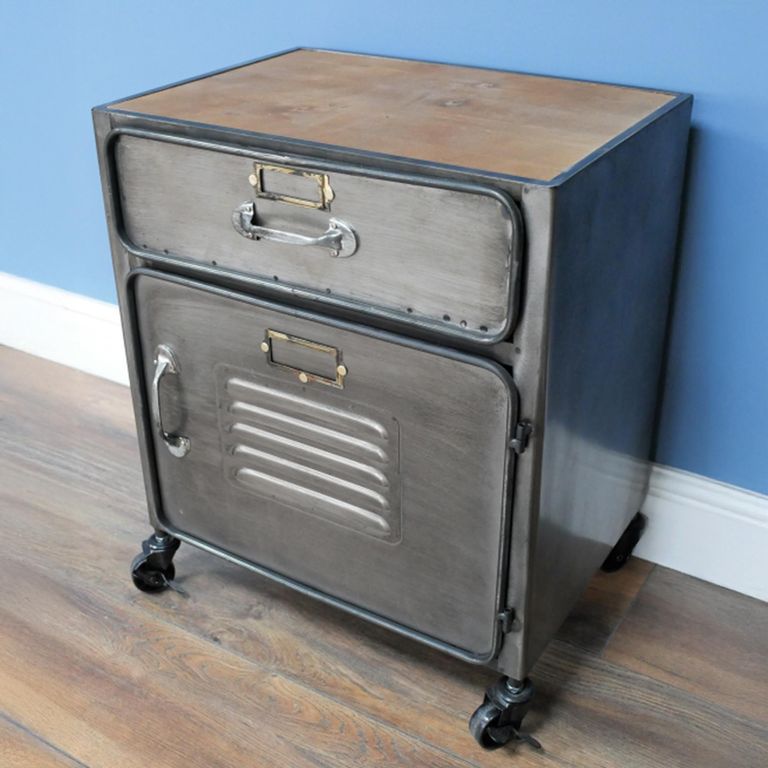 Industrial Bedside Cabinet - 1 Door - 1 Drawer - on Wheels - Metal