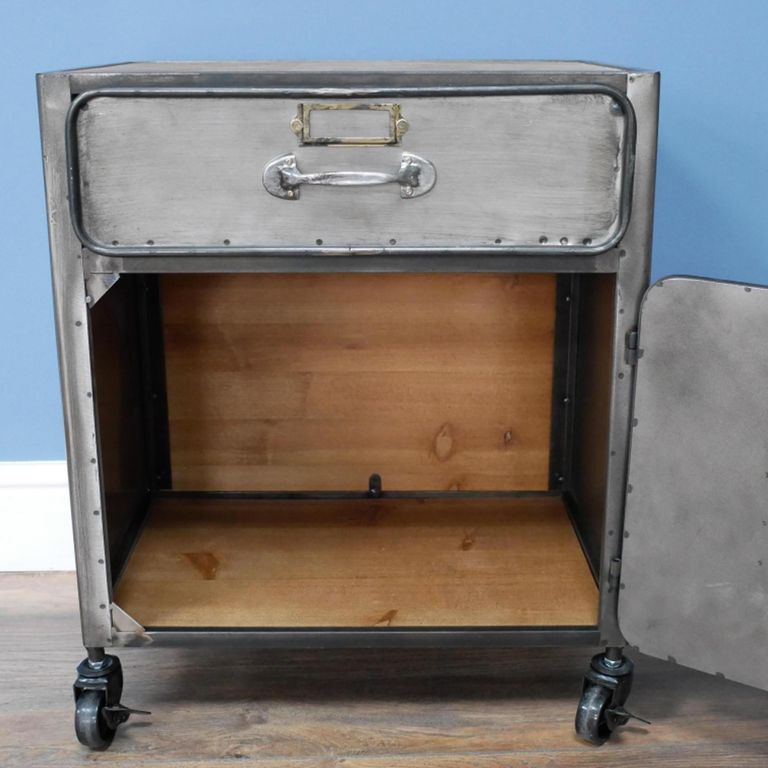 Industrial Bedside Cabinet - 1 Door - 1 Drawer - on Wheels - Metal