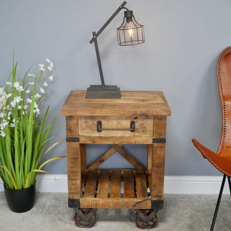 Industrial Bedside Cabinet - 1 Drawer - on Wheels - Mango Wood and Metal
