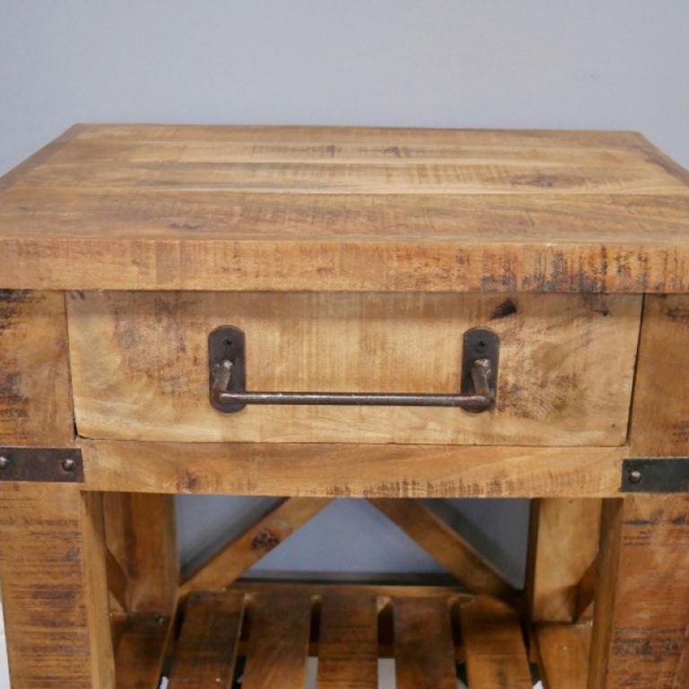 Industrial Bedside Cabinet - 1 Drawer - on Wheels - Mango Wood and Metal