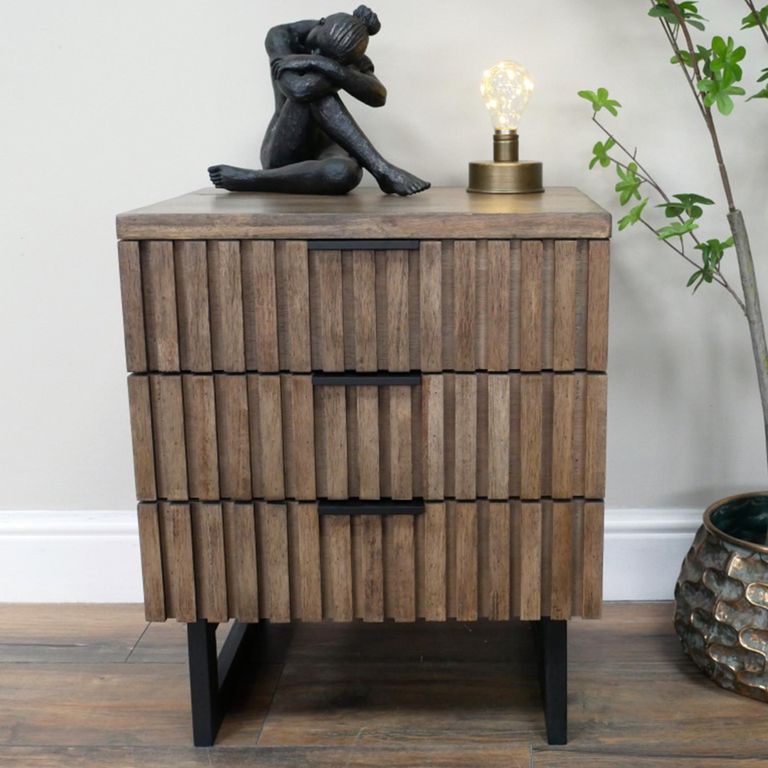 Slatted Bedside Cabinet - 3 Drawer - Rubber Wood