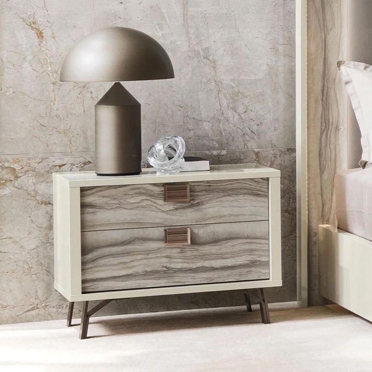 Jupiter Bedside Cabinet - 2 Drawer - Eco Stone and High Gloss Pearl Line