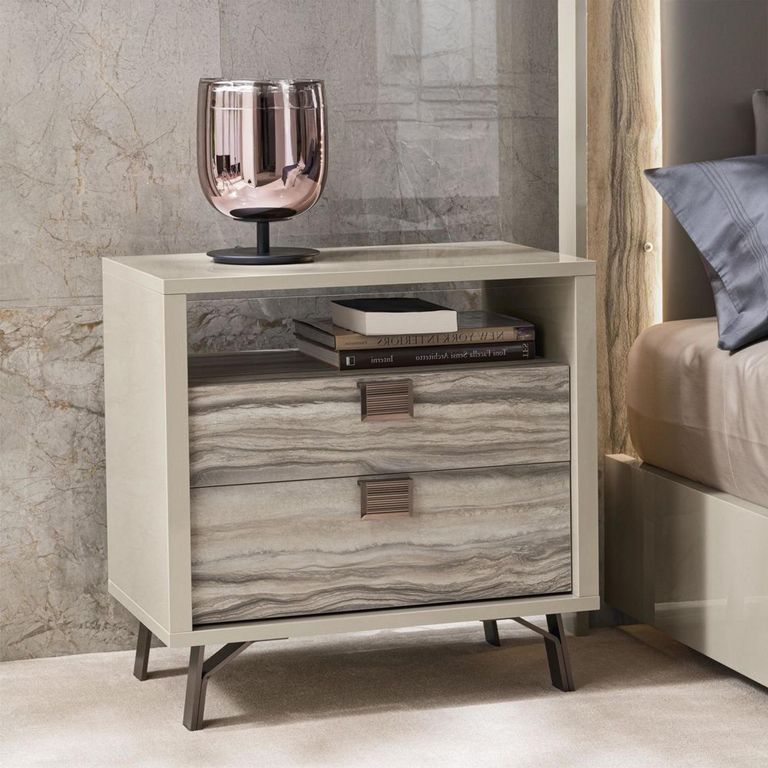 Jupiter Bedside Cabinet - 2 Drawer - with Open Unit - Eco Stone and High Gloss Pearl Line