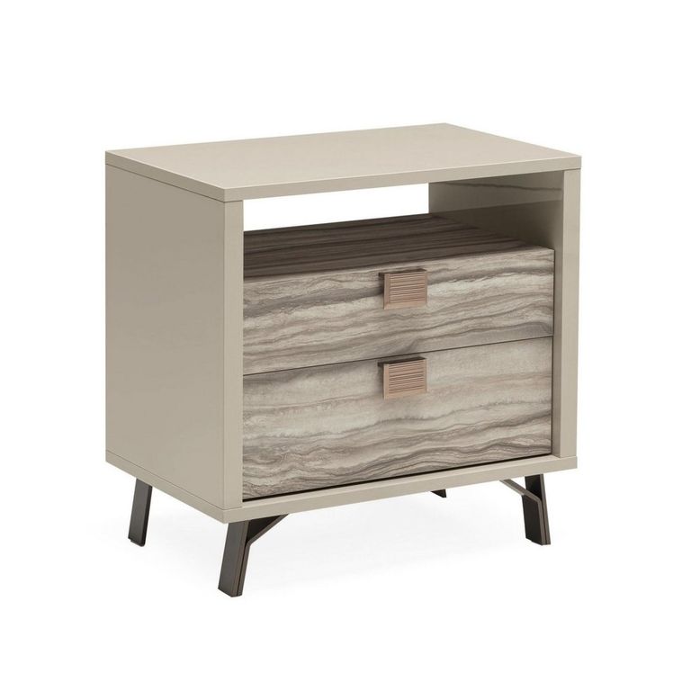 Jupiter Bedside Cabinet - 2 Drawer - with Open Unit - Eco Stone and High Gloss Pearl Line