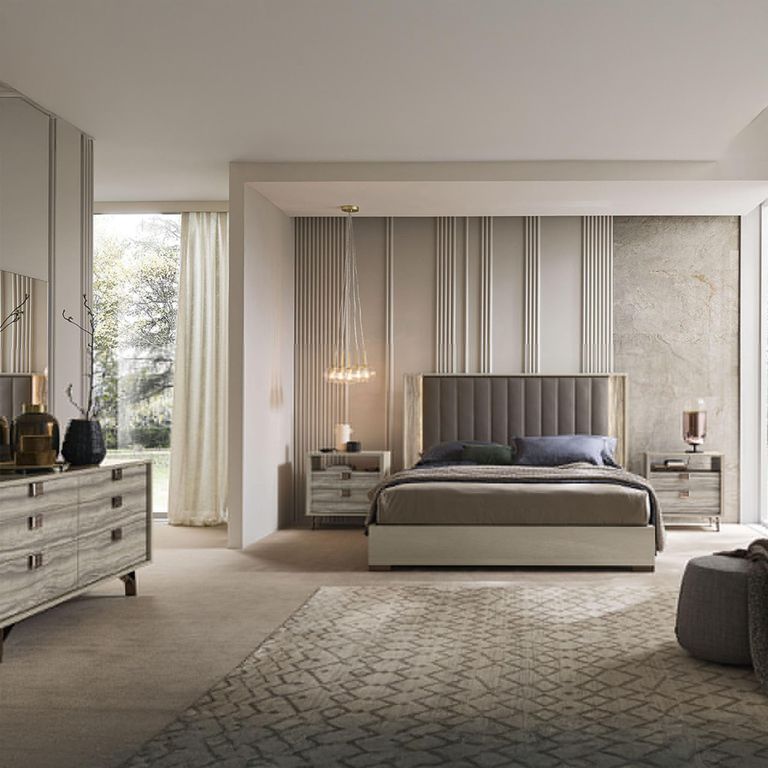 Jupiter Bedside Cabinet - 2 Drawer - with Open Unit - Eco Stone and High Gloss Pearl Line