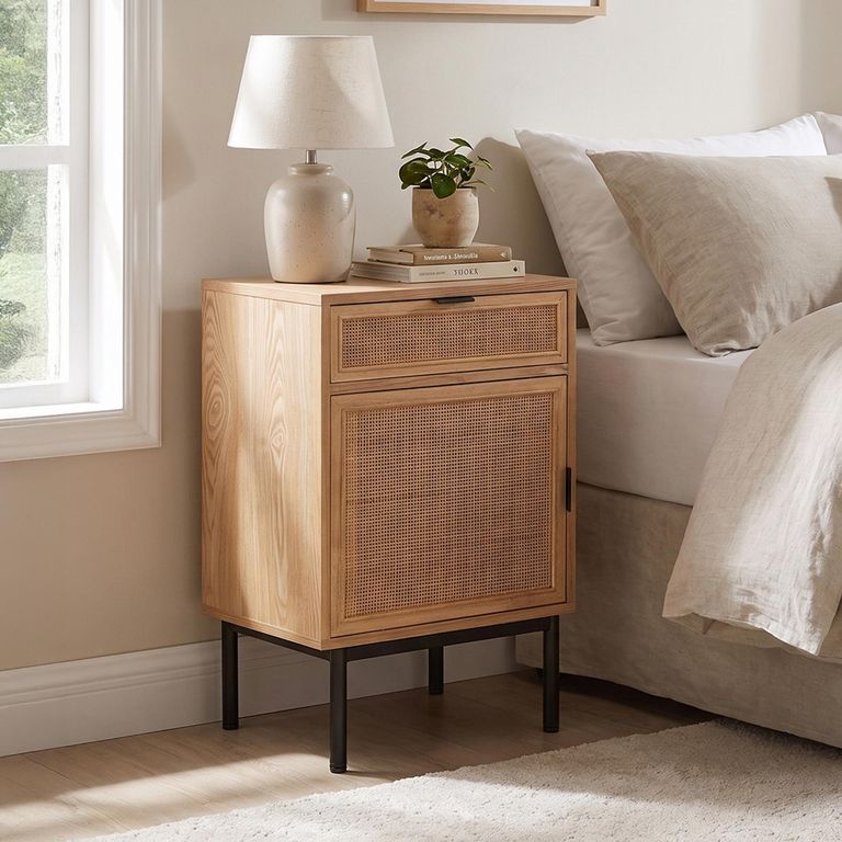 Bedside Table - 1 Door 1 Drawer - Natural and Black - Rattan and Metal