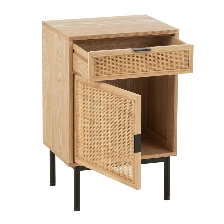 Bedside Table - 1 Door 1 Drawer - Natural and Black - Rattan and Metal