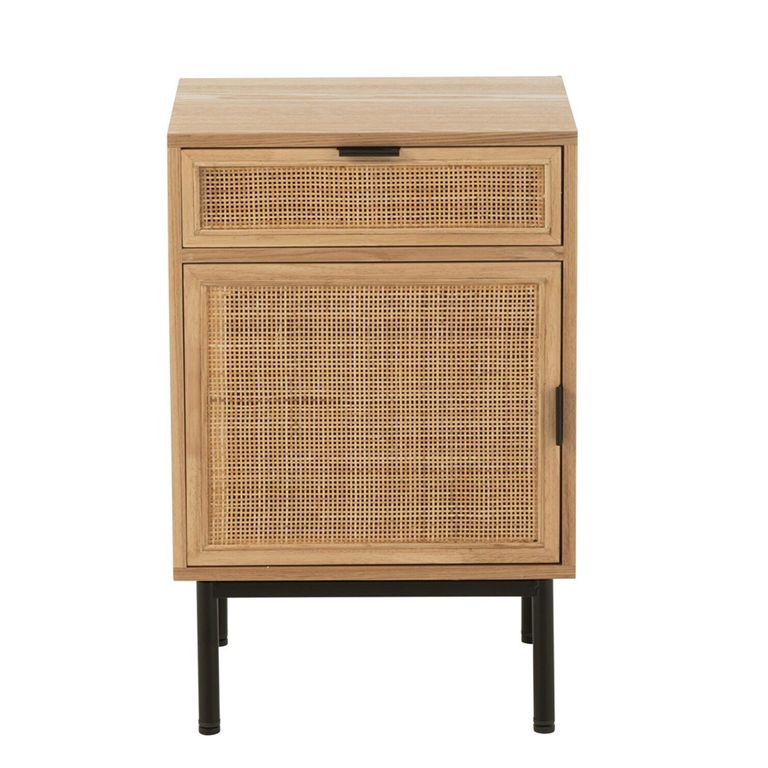 Bedside Table - 1 Door 1 Drawer - Natural and Black - Rattan and Metal