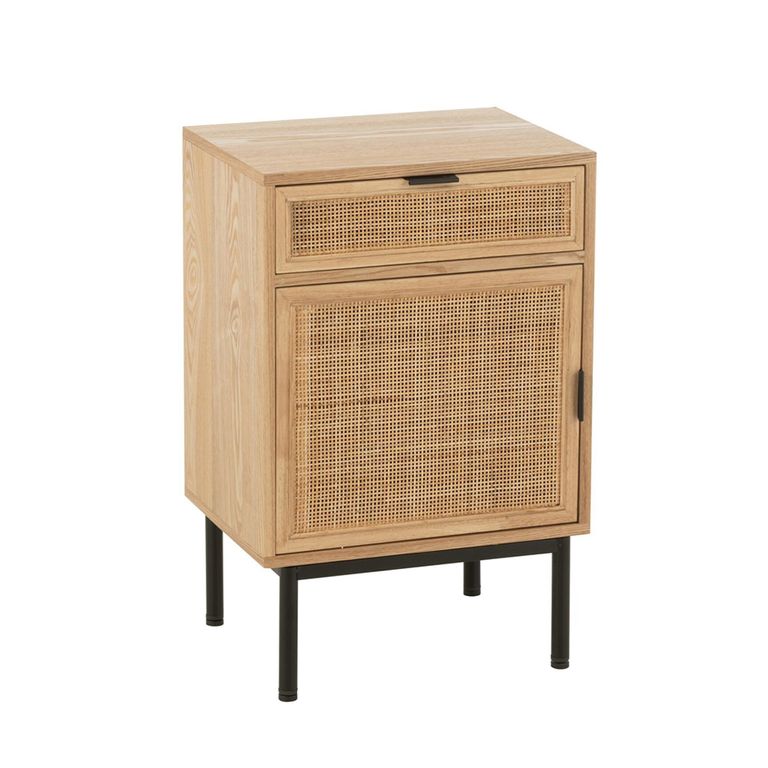 Bedside Table - 1 Door 1 Drawer - Natural and Black - Rattan and Metal