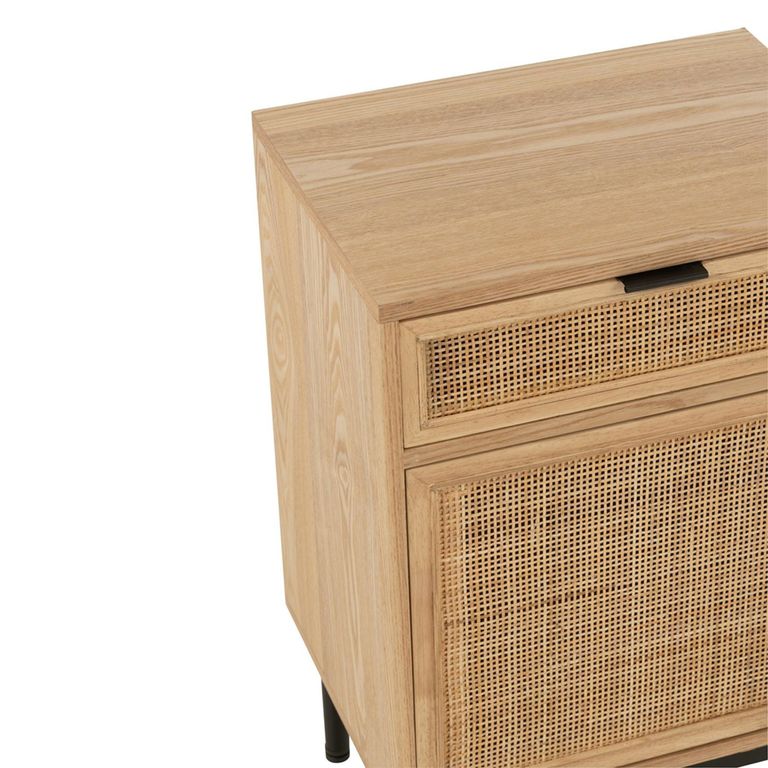 Bedside Table - 1 Door 1 Drawer - Natural and Black - Rattan and Metal