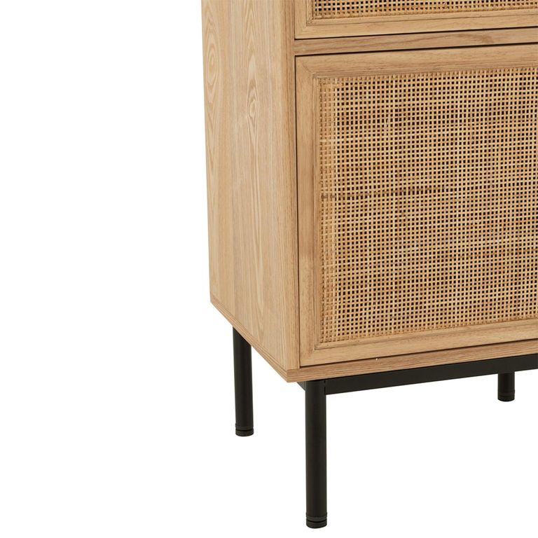 Bedside Table - 1 Door 1 Drawer - Natural and Black - Rattan and Metal