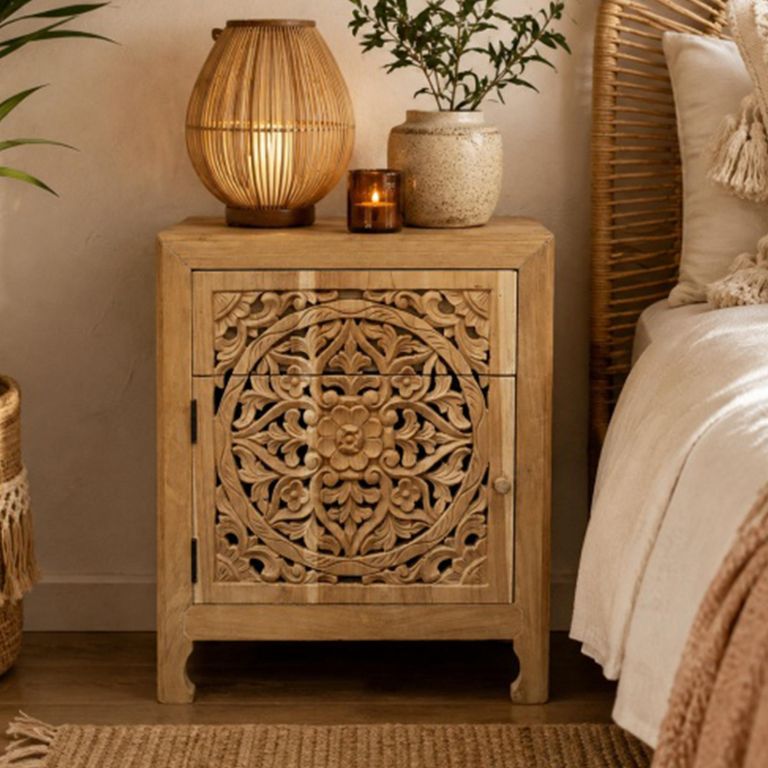 Carved Bedside Cabinet - 1 Left Door - 1 Drawer - Teak Wood