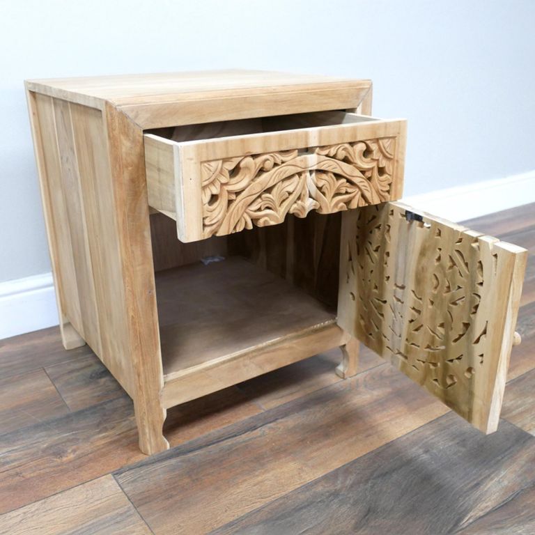 Carved Bedside Cabinet - 1 Right Door - 1 Drawer - Teak Wood