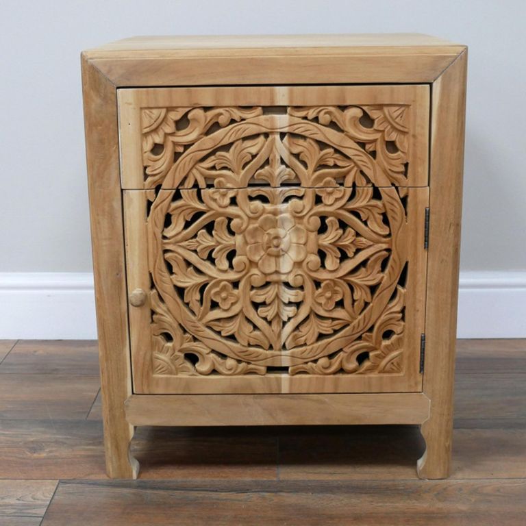 Carved Bedside Cabinet - 1 Right Door - 1 Drawer - Teak Wood