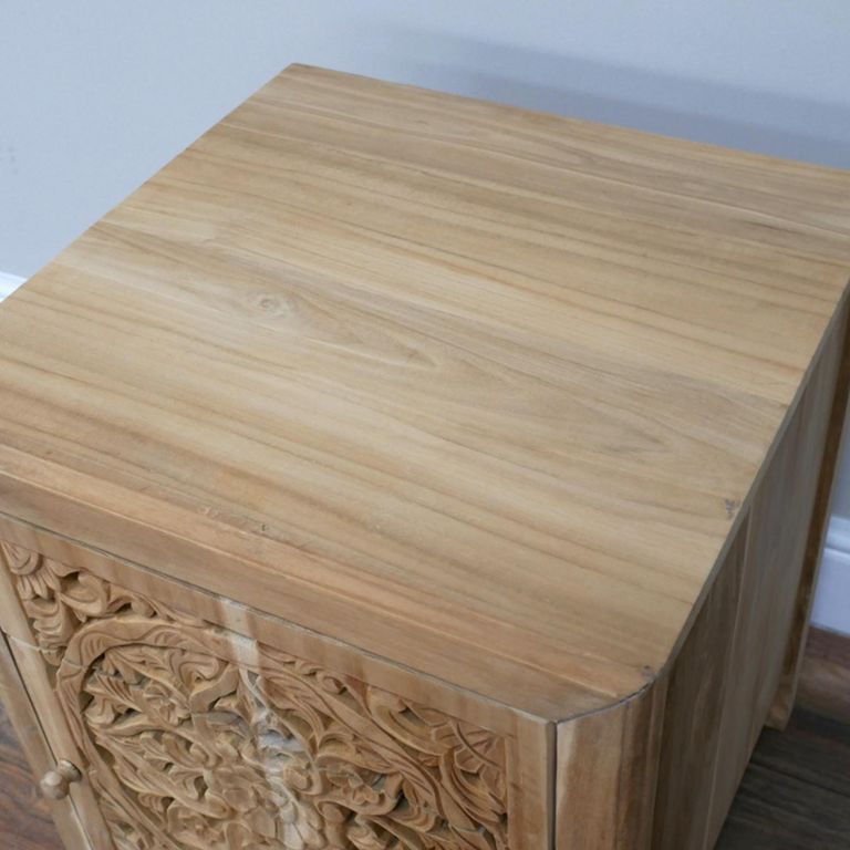 Carved Bedside Cabinet - 1 Right Door - 1 Drawer - Teak Wood