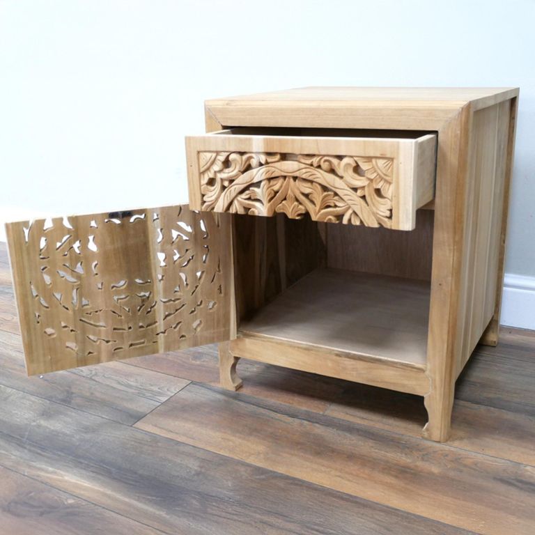 Carved Bedside Cabinet - 1 Left Door - 1 Drawer - Teak Wood