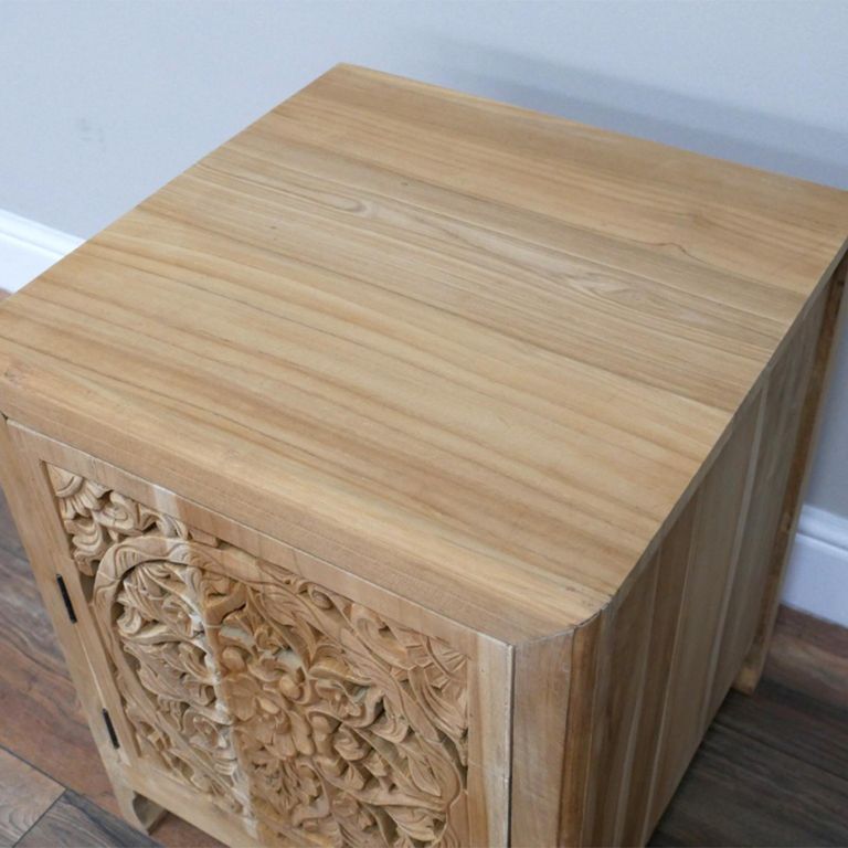 Carved Bedside Cabinet - 1 Left Door - 1 Drawer - Teak Wood