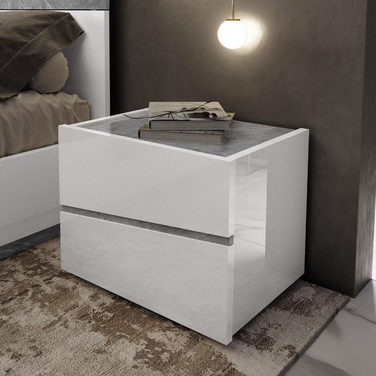 Alba Italian Bedside Cabinet - 2 Drawer - White - Carrara Marble Inlay