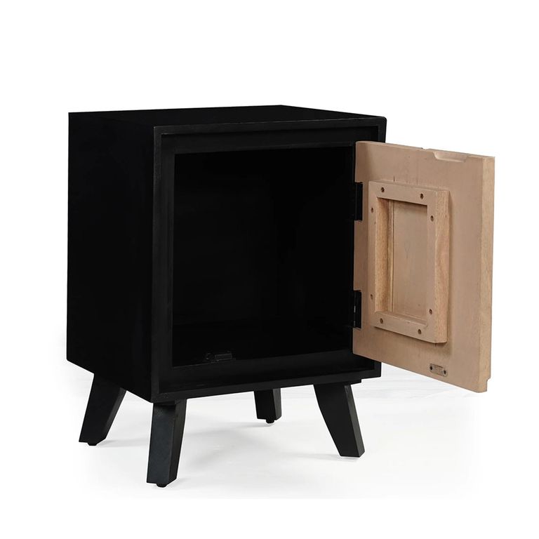 Boho Bedside Table - 1 Door - Geometric Design - Natural and Black - Mango Wood