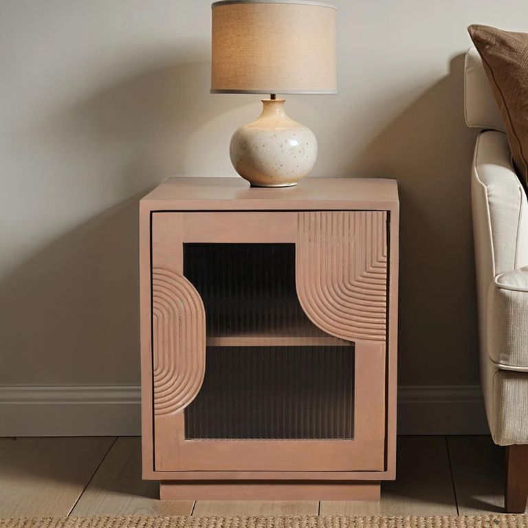 Indus Bedside Table - 1 Door - Pale Taupe - Mango Wood