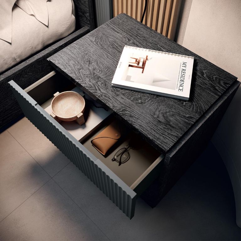 Onyx Italian Fluted Bedside Cabinet - 2 Drawer - Charcoal Black and MedBlue
