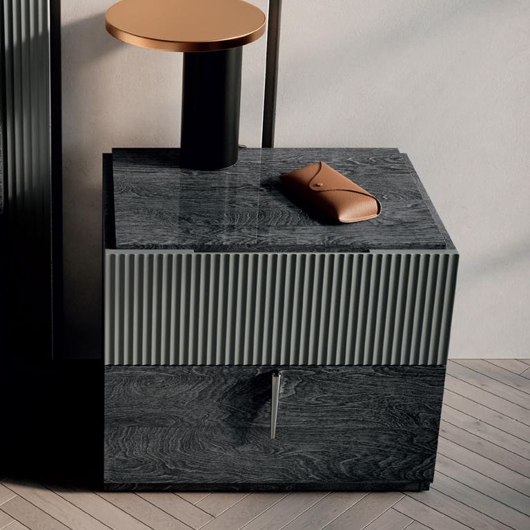 Onyx Italian Fluted Bedside Cabinet - 2 Drawer - Charcoal Black and MedBlue