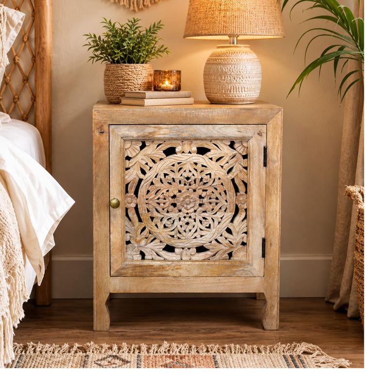 Carved Mango Wood 1 Door Bedside Cabinet