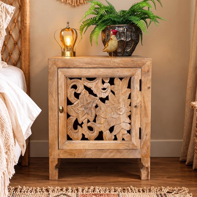 Carved Mango Wood 1 Door Small Bedside Cabinet