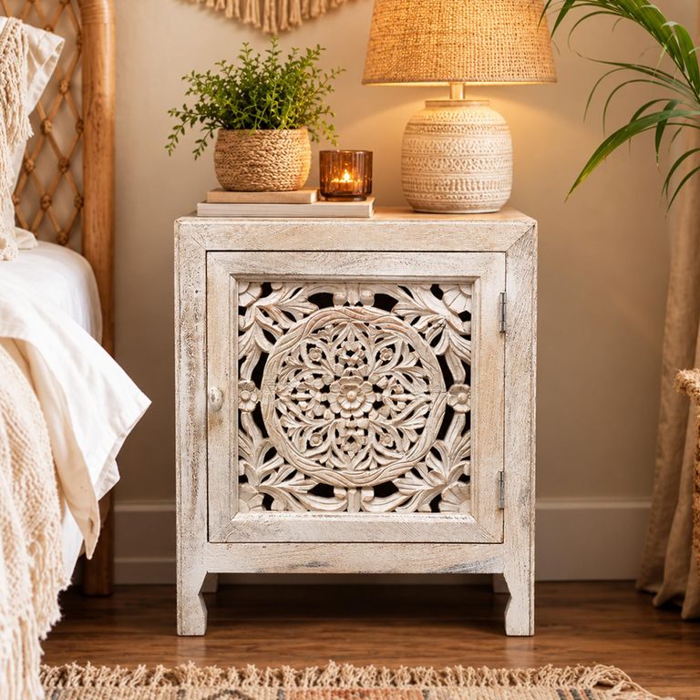 White Washed Carved Mango Wood 1 Door Small Bedside Cabinet