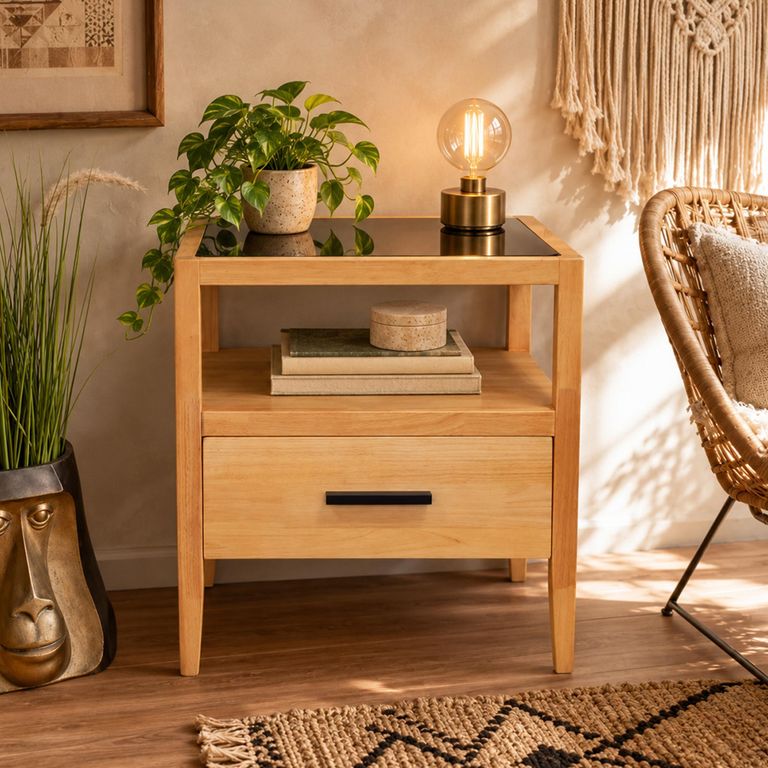 Wood and Black Glass 1 Drawer Bedside Cabinet