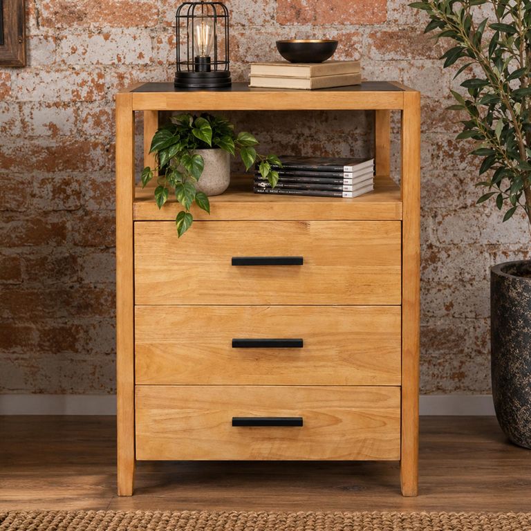 Natural Rubber Wood 3 Drawer Cabinet