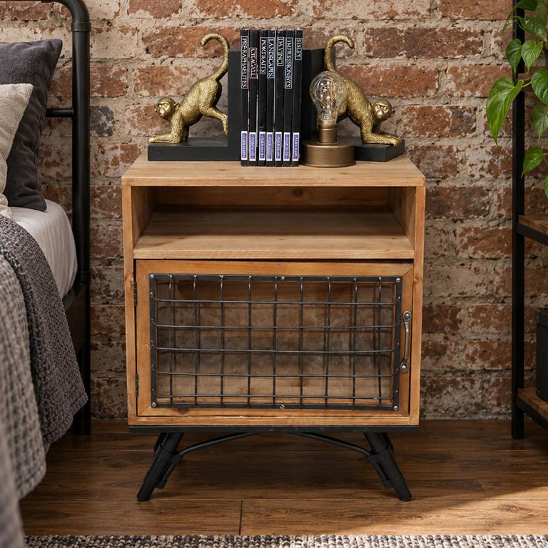 Industrial Fir Wood and Metal 1 Door Bedside Cabinet