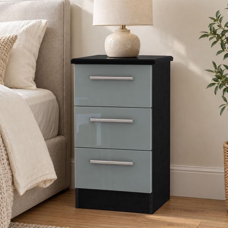 Knightsbridge Grey Gloss and Black 3 Drawer Bedside Cabinet