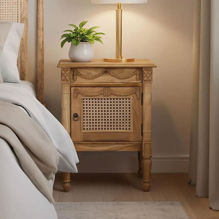 Bellecour Rattan and Natural Teak Wood 1 Door 1 Drawer Bedside Table