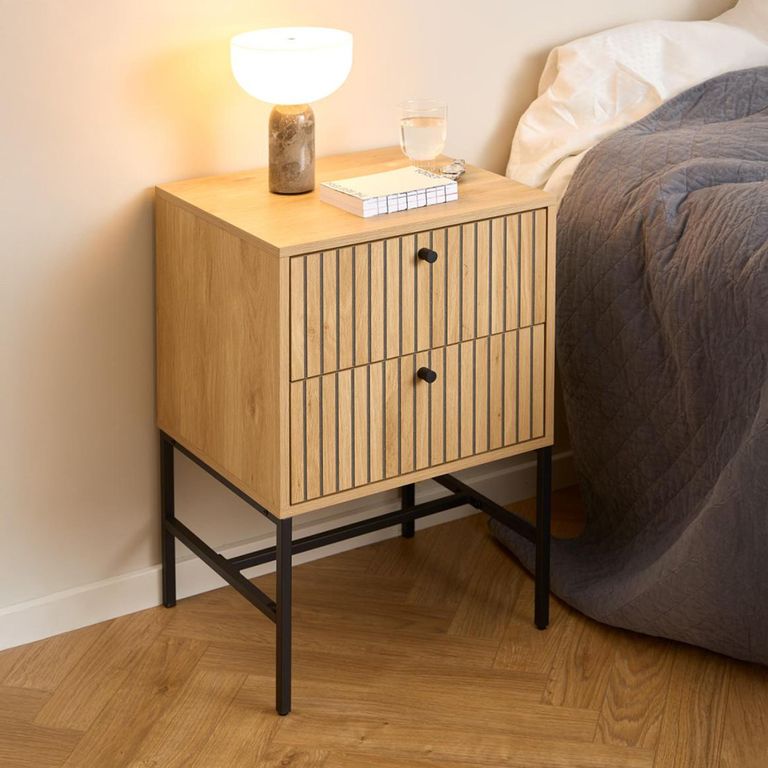 Albany Bedside Table - 2 Drawer - Ribbed Oak