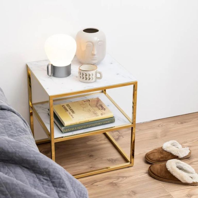 Alisma Bedside Table - White Marble and Gold Metal