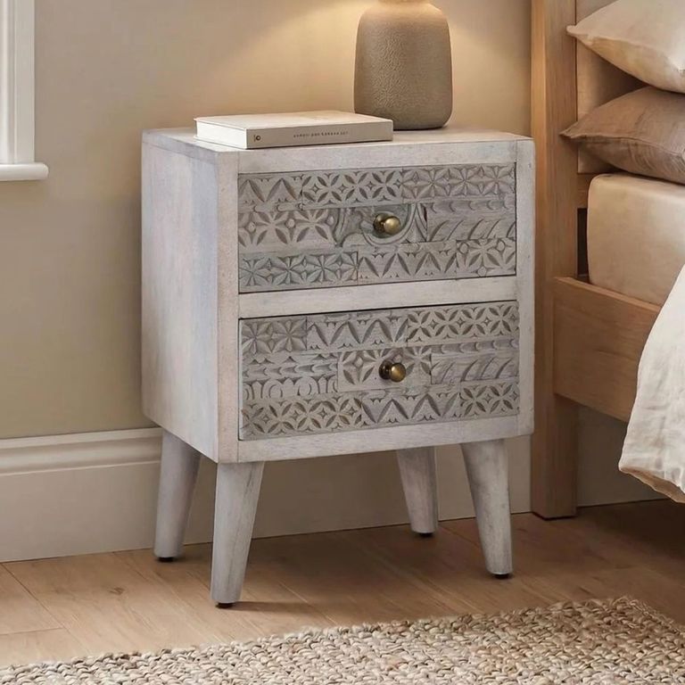 Altesa Distressed Grey Carved Mango Wood 2 Drawer Bedside Cabinet