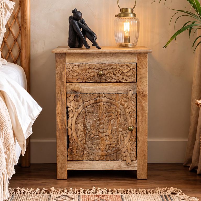 Carved Mango Wood 1 Door 1 Drawer Bedside Cabinet